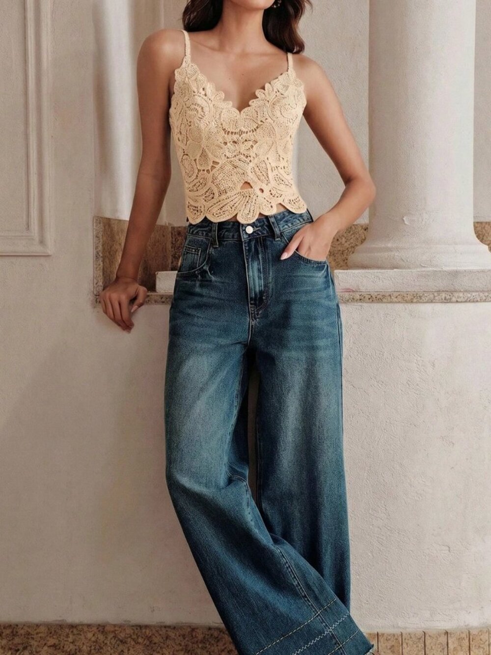 Apricot Romantic Hollow Crochet Women's Short Fitted Floral Camisole Top - Picture 4 of 7